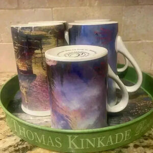 Vintage Thomas Kinkade Coffee Set - 5 Coffee Mugs and Serving Tray